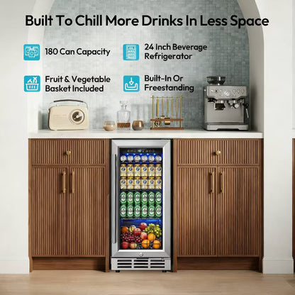 EUHOMY 180 Can Beverage Refrigerator- 24 Inch Built-In Cooler with Fruit Drawer- Silver