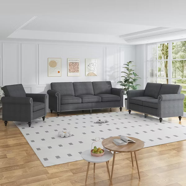 Mjkone 3 Piece Linen Living Room Sofa Set,Modern 3-Seater Sofa Couch&Loveseat Sofa&Single Sofa Armchair Set-Dark Grey