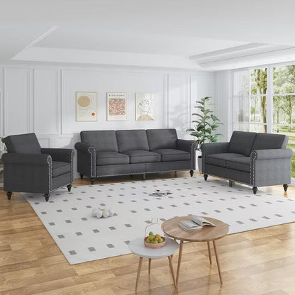 Mjkone 3 Piece Linen Living Room Sofa Set,Modern 3-Seater Sofa Couch&Loveseat Sofa&Single Sofa Armchair Set-Dark Grey