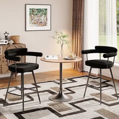 Set of 2 Modern Swivel Counter Height Bar Stools with Metal Legs and Boucle Fabric Backrest