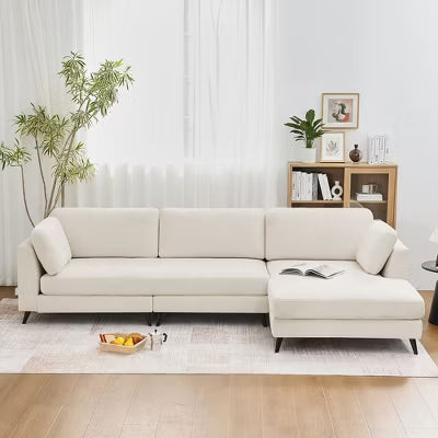 Oversized 3-Seat Chenille Sectional Sofa with Wide Chaise Lounge and One-Piece Seat Cushion, Thick Backrest for Deep Comfort