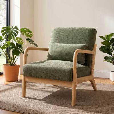Mid-Century Modern Upholstered Accent Armchair with Solid Wood Frame & Lumbar Pillow - Olive Green