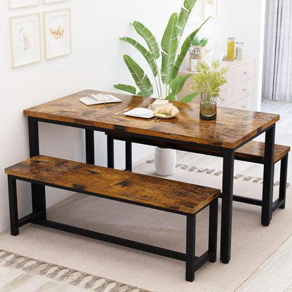 Hooseng 3-Piece Dining Table Set for 4, 43'' Dining Room Table Set with 2 Benches, Space-Saving Dinette Table for Kitchen, Dining Room