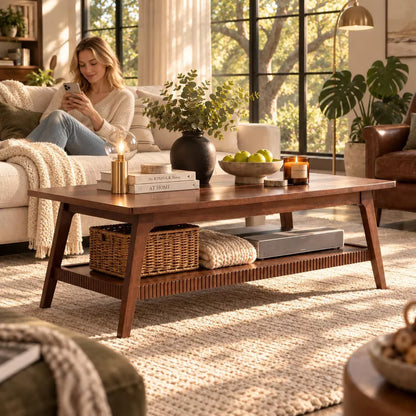 LauKingdom Walnut 47.24" Solid Wood Coffee Table Rectangular with Lower Storage Shelf Mid-Century Modern for Living Room Apartment