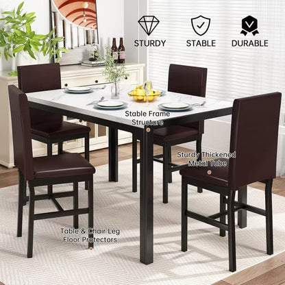 Hooseng 5-Piece Marble DiningTableSet with 4 Metal Frame Chairs, Dining Table Set for 4, Modern Style Kitchen Table and Chair Set, White