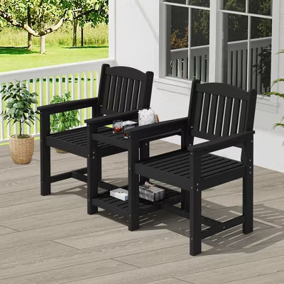 Hyleory HDPE Double Outdoor Chair with 2-Tier Side Table, Weather Resistant Patio Loveseat with Built-In Table