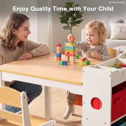 TODECARE Kids Table and Chair Set with Storage Bins and Paper Roll, Toddler Furniture Set, Natural