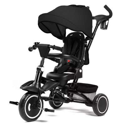 Kinder King 7-in-1 Kids Tricycle with Canopy, Adjustable Push Handle, One-Touch Brake, Lockable Front Wheel, All-Terrain Tires & Storage, Black