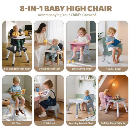 TODECARE Baby High Chair, 8 in 1 Convertible Highchair for Baby& Toddler, Booster Seat, Safety Harness, Removable Tray, Gray & Pink