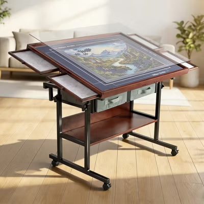 Rotating Wooden Jigsaw Puzzle Table with Storage Drawers, Adjustable Tilting Puzzle Board for Adults, Holds up to 1500 Pieces
