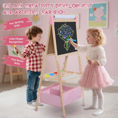 TODECARE Kids 3-in-1 Adjustable Kids Art Easel with Magnetic Whiteboard, Chalkboard, Paper Roll and Storage, Pink
