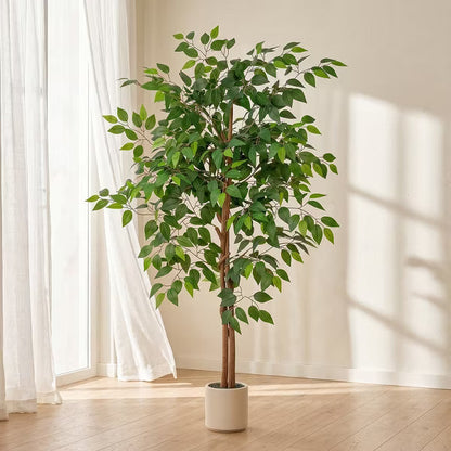 Romswi 5FT Artificial Ficus Tree with White Planter, Realistic Leaves, Natural Wood Trunk, Faux Greenry Plant, Indoor Home Office Decor
