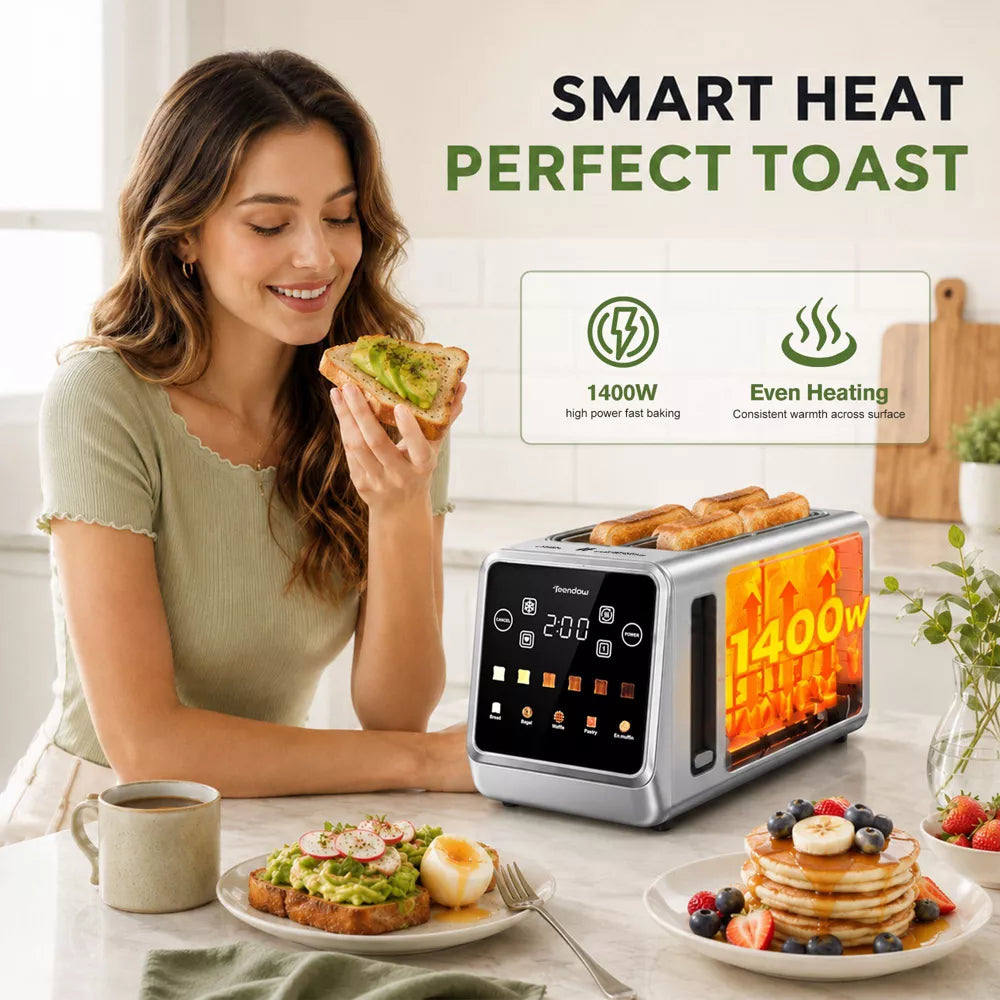 Teendow Touchscreen Toaster 4 Slice 1400W, Stainless Steel Smart Bread Toaster with 1.5" Wide, 5 Bread Modes, 6 Shade Settings