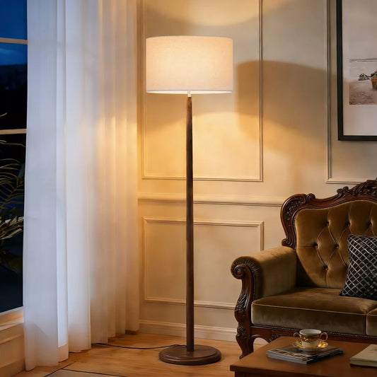 61" Walnut Wood Standing Floor Lamp, UL Listed, with Beige Linen Drum Shade, Modern Accent Light for Living Room, Bedroom,Foot Step ON/OFF Switch