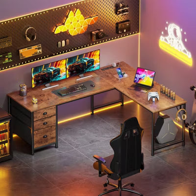 Qwatto Brown 63 Inch L Shaped Corner Computer Desk with Power Outlets and USB C Ports File Fabric Drawers Storage Workstation for Home Office Rooms