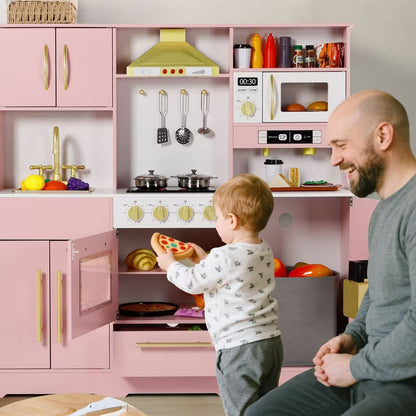 Kinder King Wooden Kids Play Kitchen, Toy Kitchen Playset for Toddler, Realistic Kitchen Sets w/Lights & Sounds, Gift for Boys Girls Age 3+
