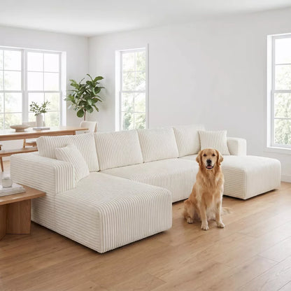 132" Modern U-Shaped Sectional Sofa - Comfy Corduroy Cloud Couch - Minimalist Memory Foam Sleeper Sofa, No Assembly Required