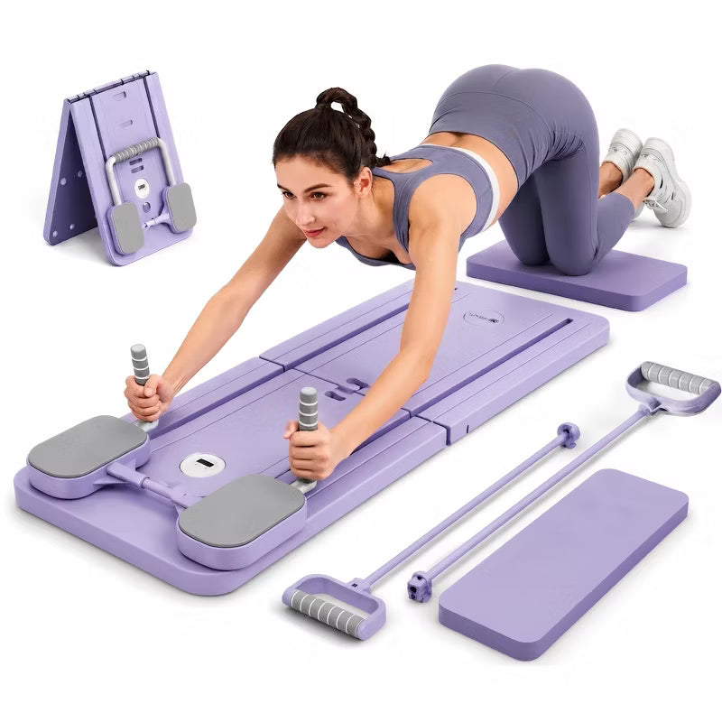 5-in-1 Pilates Board with Yoga Socks, Foldable Home Workout Equipment Set Featuring Smart Timer, Comfortable Pads for Core Strength, Balance (Purple)