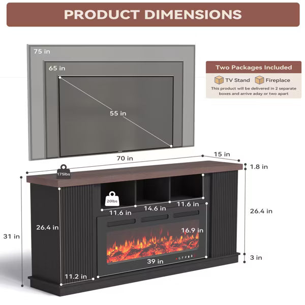 EROMMY 70" W Manufactured Wood Ribbed TV Stand with Electric Fireplace