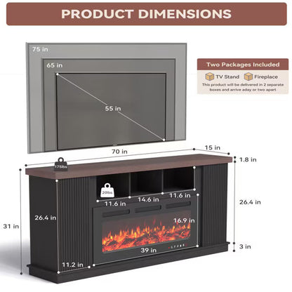 EROMMY 70" W Manufactured Wood Ribbed TV Stand with Electric Fireplace