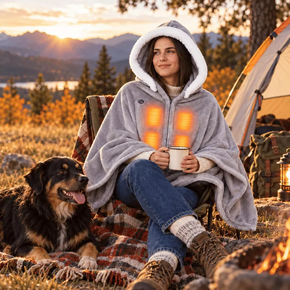 8 Heating Zones & 3 Levels Wearable Heated Throw Blanket, USB Powered Hoodie, Double-Sided Flannel Portable Blanket
