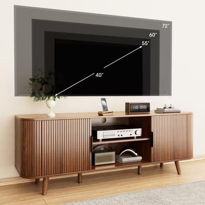 Qwatto Curved Edge TV Stand Walnut Finish Media Console for 65 Inch TV Modern Fluted Door Credenza with Storage Mid Century Living Room Furniture