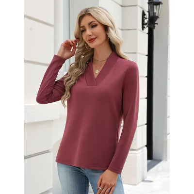 Zeagoo Women's V-Neck Solid Long Sleeve Relaxed Fit Casual Blouse Top-Purplish Red-S