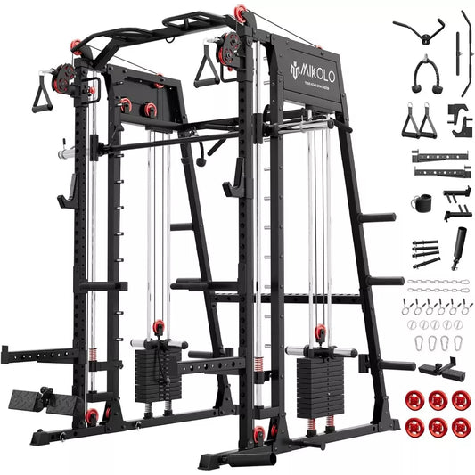 Mikolo M4 2.0 Smith Machine with Weight Stack, All-in-One Power Cage Home Gym, LAT Pulldown, Cable Crossover, Squat Rack(¨M8 Only Black)