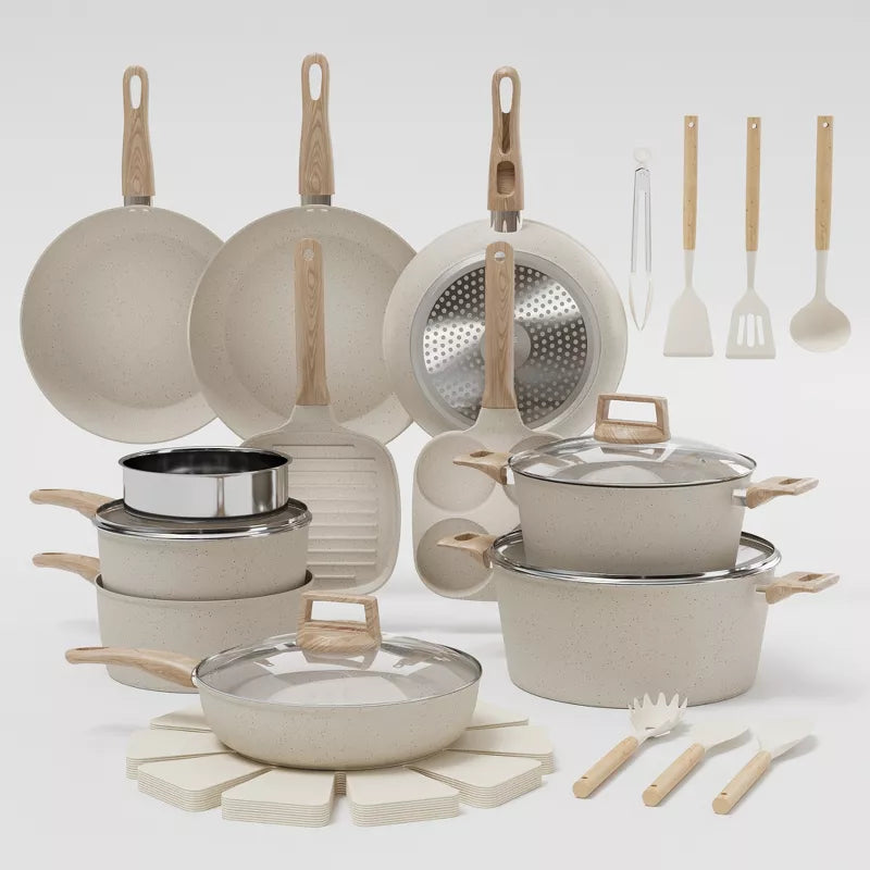 31Pcs Nonstick Ceramic Cookware Set for Induction - Pots & Pans Set with Frying Pans, Saucepans, Stockpot, Steamer & Utensils