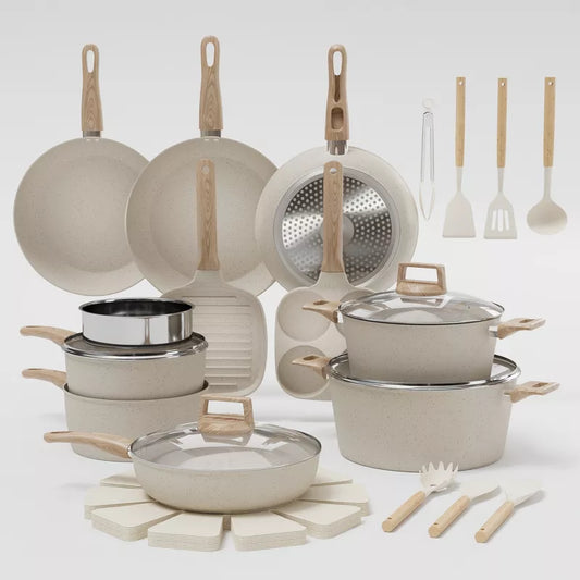 31Pcs Nonstick Ceramic Cookware Set for Induction - Pots & Pans Set with Frying Pans, Saucepans, Stockpot, Steamer & Utensils