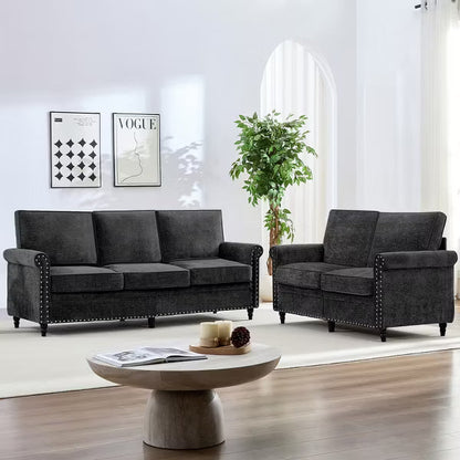 Mjkone 2 Piece Living Room Sofa Set with Riveted Design,Chenille W76''3-Seater Sofa Couch with W53''Loveseat Sofa,Black