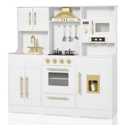 TODECARE Wooden Play Kitchen for Kids with Storage System, Ice Maker and Coffee Maker, Gift for Boys and Girls Age 3+