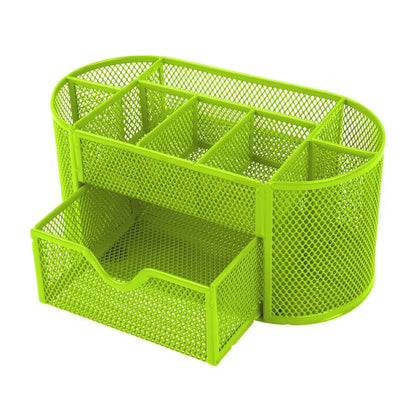9-Compartment Metal Mesh Desk Organizer with 4 Pen Cups, 4 Trays and Drawer, Non-Slip Feet for a Tidy Home or Office Workspace - Green