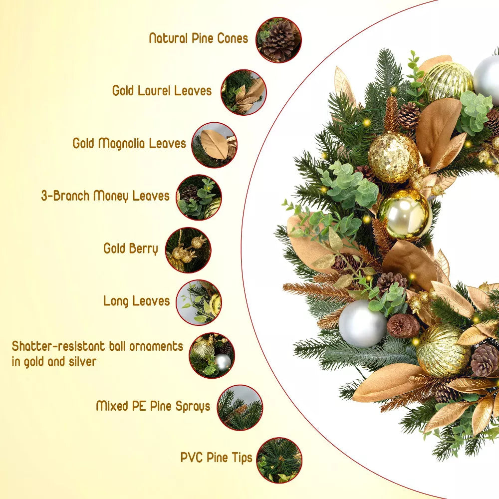 Romswi 24in Pre-Lit Artificial Christmas Wreath Realistic PE PVC Botanical Battery-Powered Holiday Decoration with Timer LED Lights for Front Door