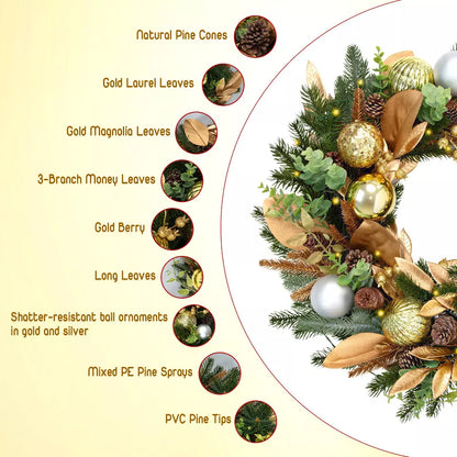 Romswi 24in Pre-Lit Artificial Christmas Wreath Realistic PE PVC Botanical Battery-Powered Holiday Decoration with Timer LED Lights for Front Door