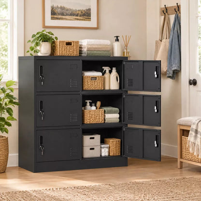 VIYET 6-Door Metal Storage Locker with Lock and Card Slot, Freestanding Office, Gym, School & Home Storage Cabinet, Durable Black Steel