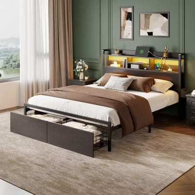 Qwatto Black Metal Queen Bed Frame With 2 Storage Drawers Wood Headboard Shelf LED Lights Charging Station Platform No Box Spring Needed Bedroom USB
