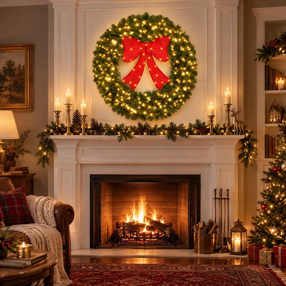 LauKingdom 48 Inch Oversized Pre-Lit Christmas Wreath, Full Green Pine with Warm White LED Lights and Lighted Red Bow for Large Front Door Decor