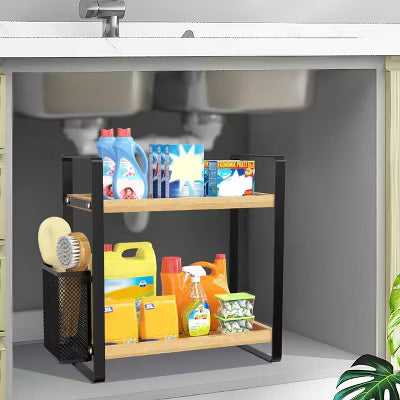 2-Layer Wooden Bathroom Countertop Storage Rack with Storage Baskets
