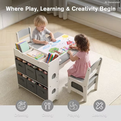 TODECARE Kids Table and Chair Set with Storage Bins and Paper Roll, Toddler Furniture Set, Gray