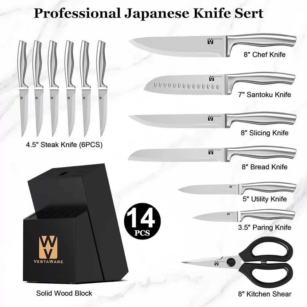 Vestaware Knife Block Set, Razor-Sharp Kitchen Knife Sets, Stainless Steel Knife Set with Block, Dishwasher Safe, 14PCS, Black, Apartment Essentials