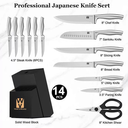 Vestaware Knife Block Set, Razor-Sharp Kitchen Knife Sets, Stainless Steel Knife Set with Block, Dishwasher Safe, 14PCS, Black, Apartment Essentials
