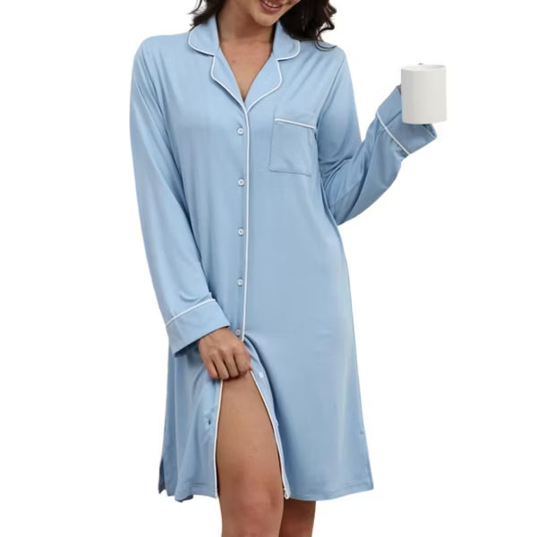 Ekouaer Womens Knit Nightshirt Long Sleeve Button Down Sleep Dress Contrast Trim Pocket All Season Lounge Gown Black S