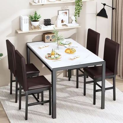 Hooseng 5-Piece Marble DiningTableSet with 4 Metal Frame Chairs, Dining Table Set for 4, Modern Style Kitchen Table and Chair Set, White
