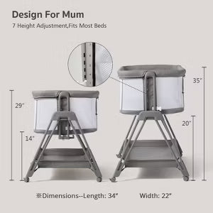 Fodoss Baby Bassinet Bedside Sleeper with Wheels & Storage Tray, Portable Crib for Newborns (GREY)