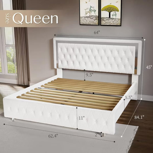 Bed Frame with Led Lights Headboard, Acrylic Mirror Accents
