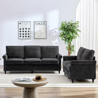 Mjkone 2 Piece Living Room Sofa Set with Riveted Design,Chenille W76''3-Seater Sofa Couch with W53''Loveseat Sofa,Black