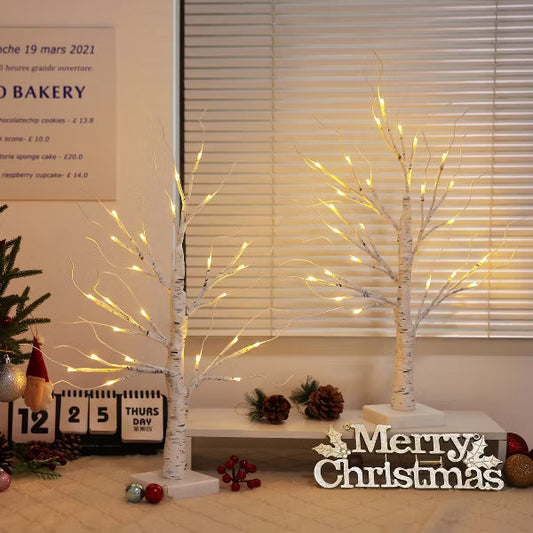 DR.Planzen 24" White Birch Christmas Tree Set of 2, LED Lighted Artificial Mini Trees with Warm Lights, Gift Card Display Trees for Home Holiday Decor