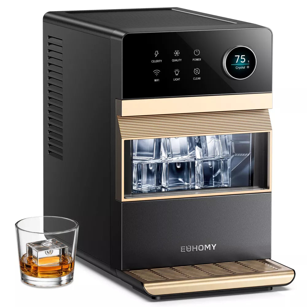 EUHOMY Clear Ice Cube Maker Countertop, 2‑Inch Large Crystal Ice Cube, Dual Modes, App Smart Control & Self‑Cleaning, Black‑Gold
