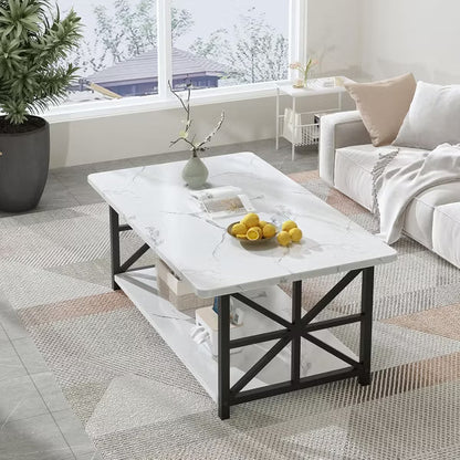 Hooseng Coffee Table for Living Room with Round Corners, 2 Tier Rectangular Center Table with Storage Shelf for Small Spaces